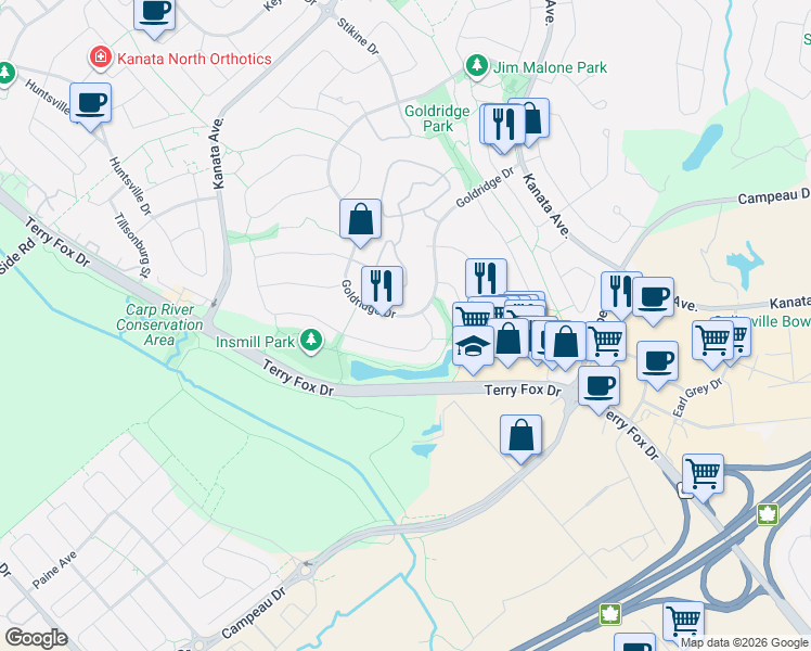 map of restaurants, bars, coffee shops, grocery stores, and more near 69 Goldridge Drive in Ottawa