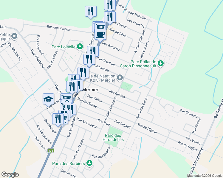 map of restaurants, bars, coffee shops, grocery stores, and more near 17 Rue Gaétan in Mercier