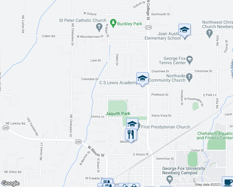 map of restaurants, bars, coffee shops, grocery stores, and more near 201 Pinehurst Drive in Newberg