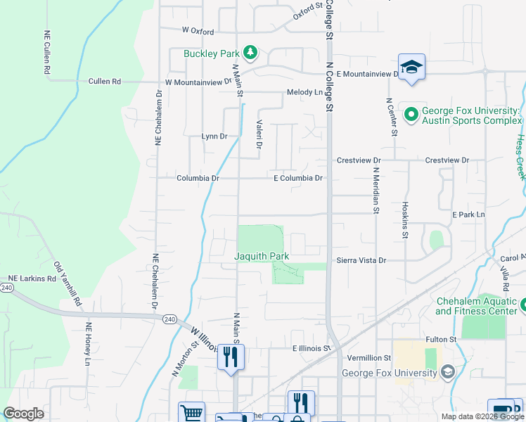 map of restaurants, bars, coffee shops, grocery stores, and more near 201 Pinehurst Drive in Newberg