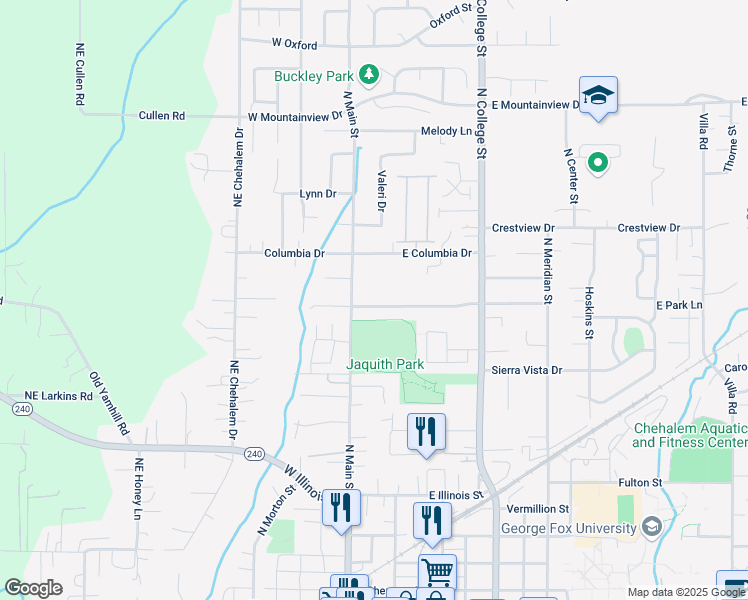 map of restaurants, bars, coffee shops, grocery stores, and more near 201 Pinehurst Drive in Newberg