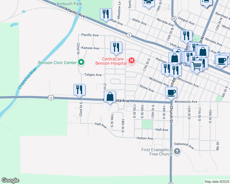 map of restaurants, bars, coffee shops, grocery stores, and more near 1920 Minnesota Avenue in Benson