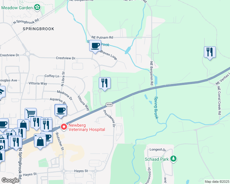 map of restaurants, bars, coffee shops, grocery stores, and more near 4505 East Portland Road in Newberg