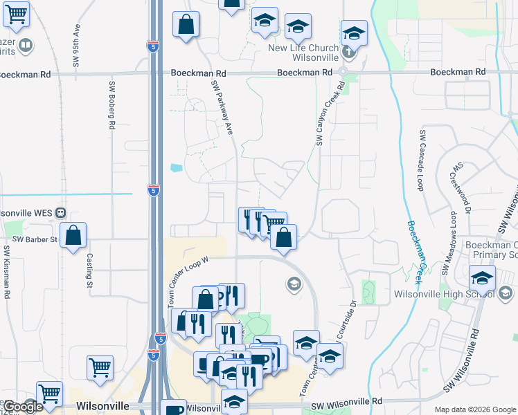 map of restaurants, bars, coffee shops, grocery stores, and more near Mentor Graphics Fit Trail in Wilsonville
