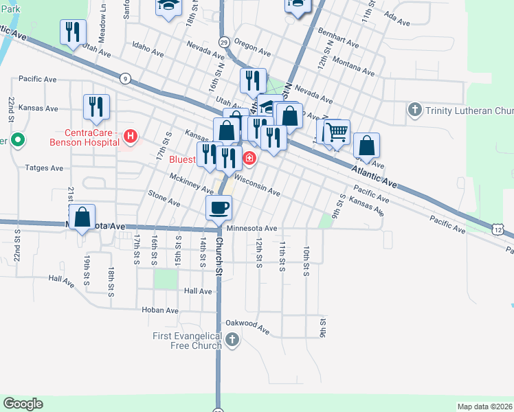 map of restaurants, bars, coffee shops, grocery stores, and more near 315 13th Street South in Benson