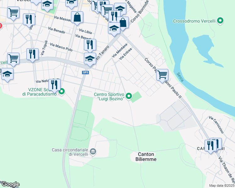 map of restaurants, bars, coffee shops, grocery stores, and more near Via Montebello in Vercelli