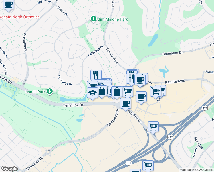 map of restaurants, bars, coffee shops, grocery stores, and more near 109 Hemlo Crescent in Ottawa
