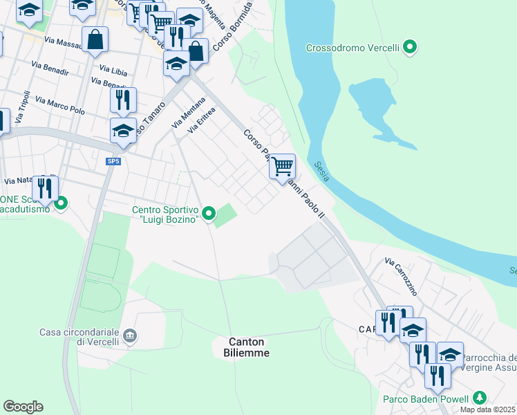 map of restaurants, bars, coffee shops, grocery stores, and more near Via Montebello in Vercelli