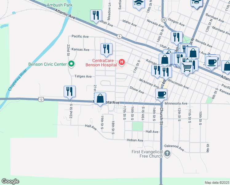 map of restaurants, bars, coffee shops, grocery stores, and more near 410 19th Street South in Benson