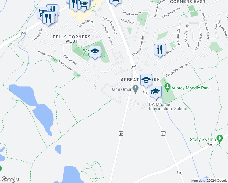 map of restaurants, bars, coffee shops, grocery stores, and more near 49 Forester Crescent in Ottawa