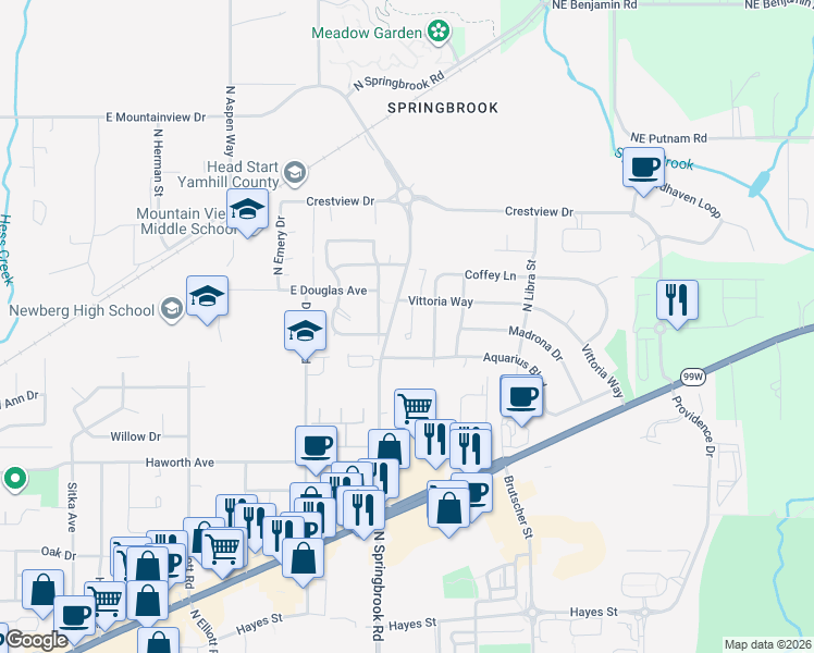 map of restaurants, bars, coffee shops, grocery stores, and more near 3300 Vittoria Way in Newberg