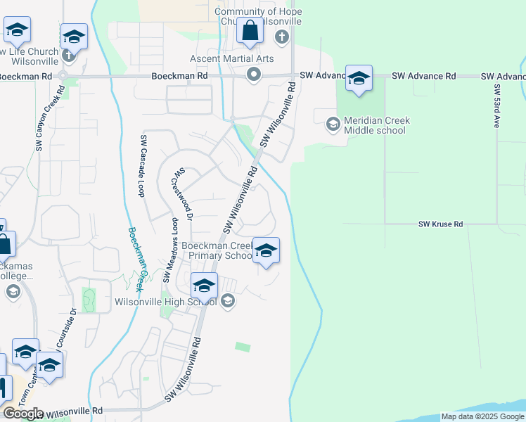 map of restaurants, bars, coffee shops, grocery stores, and more near 6600 Southwest Wilsonville Road in Wilsonville