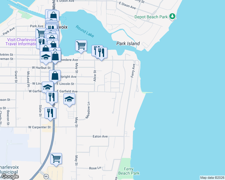 map of restaurants, bars, coffee shops, grocery stores, and more near 267-299 Tennyson Street in Charlevoix