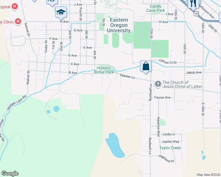 map of restaurants, bars, coffee shops, grocery stores, and more near 115 Ridge Drive in La Grande