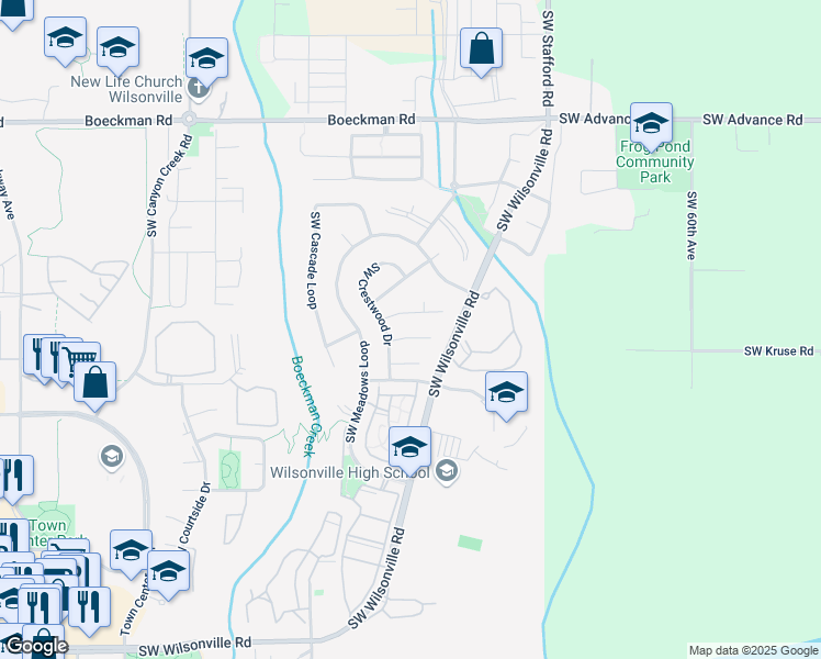map of restaurants, bars, coffee shops, grocery stores, and more near 7007 Southwest Hollybrook Court in Wilsonville