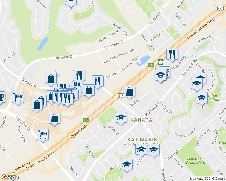 map of restaurants, bars, coffee shops, grocery stores, and more near 50 Kanata Avenue in Ottawa