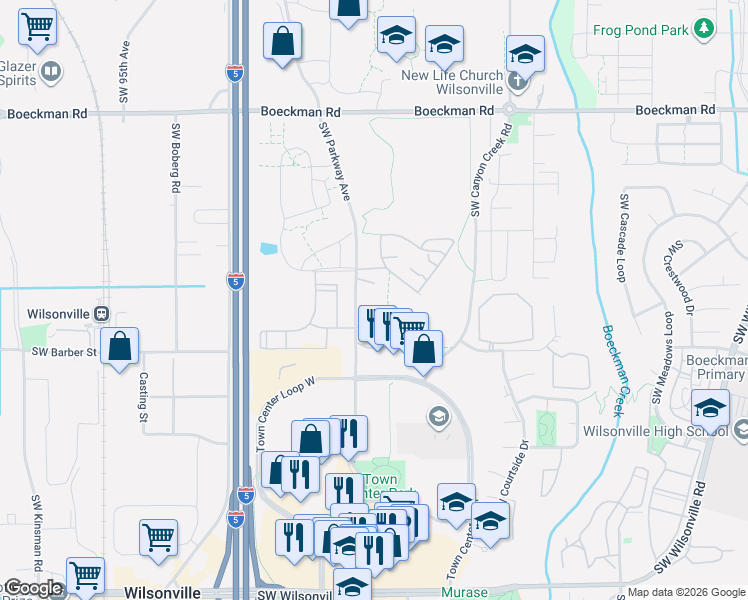 map of restaurants, bars, coffee shops, grocery stores, and more near 28740 Southwest Parkway Avenue in Wilsonville