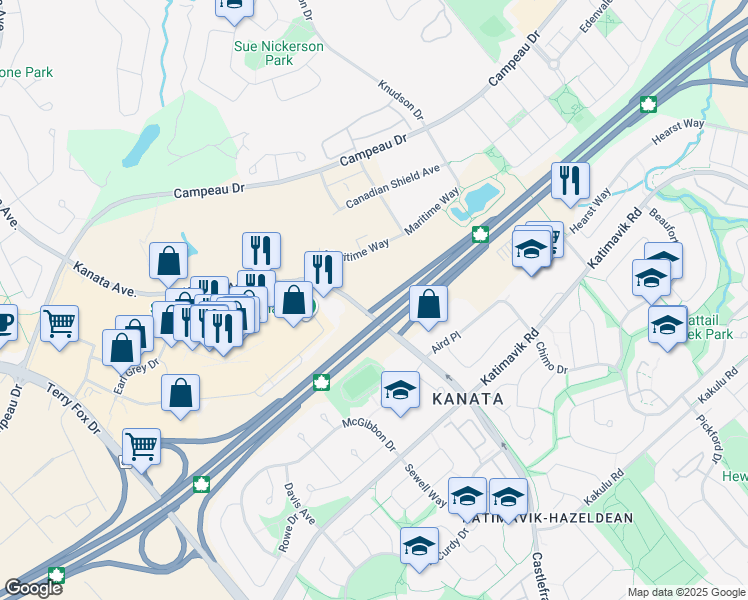 map of restaurants, bars, coffee shops, grocery stores, and more near 50 Kanata Avenue in Ottawa