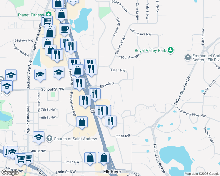 map of restaurants, bars, coffee shops, grocery stores, and more near 231 Elk Hills Drive in Elk River