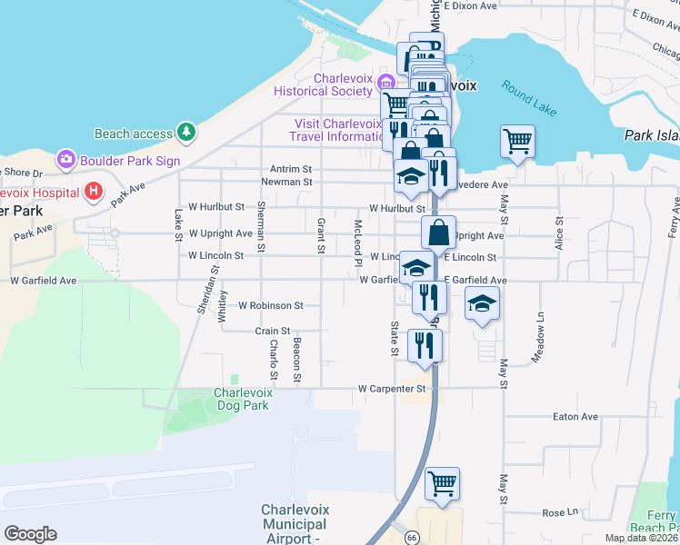 map of restaurants, bars, coffee shops, grocery stores, and more near 250-298 W Lincoln Ave in Charlevoix