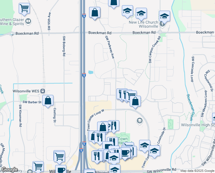map of restaurants, bars, coffee shops, grocery stores, and more near 8750 Ash Meadows Lane in Wilsonville