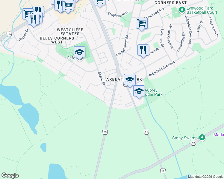 map of restaurants, bars, coffee shops, grocery stores, and more near Seyton Drive in Ottawa