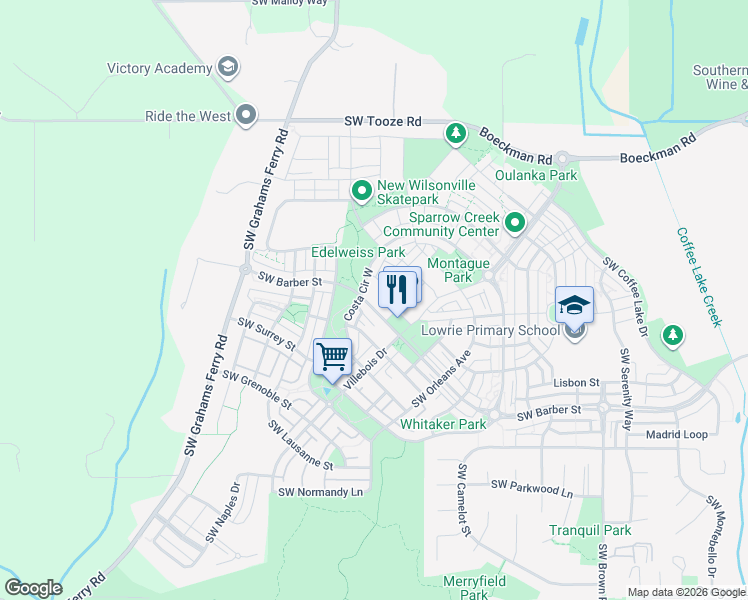 map of restaurants, bars, coffee shops, grocery stores, and more near 11583 Southwest Barber Street in Wilsonville