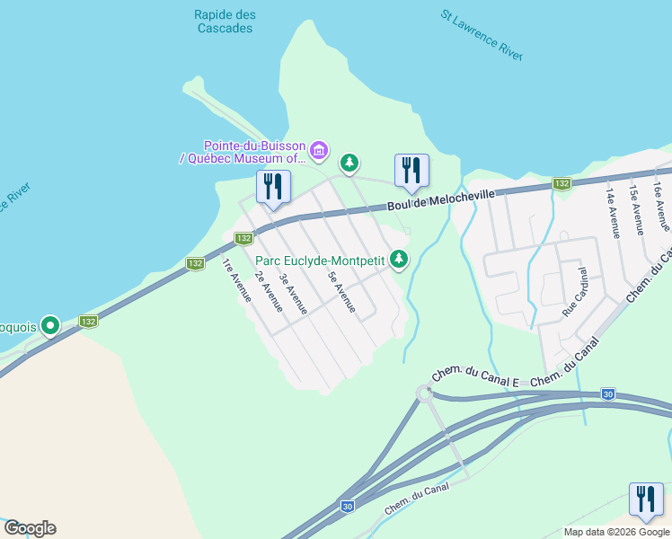 map of restaurants, bars, coffee shops, grocery stores, and more near 35 5e Avenue in Beauharnois