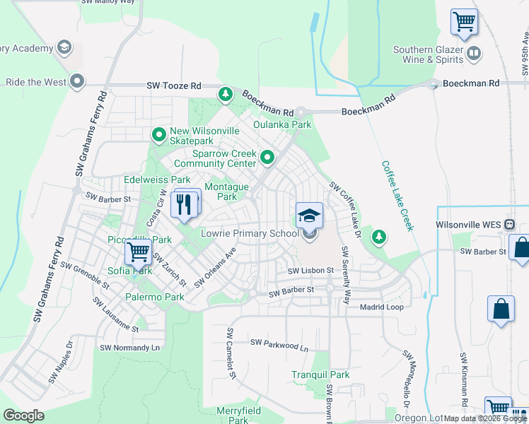 map of restaurants, bars, coffee shops, grocery stores, and more near 29184 Southwest Costa Circle East in Wilsonville