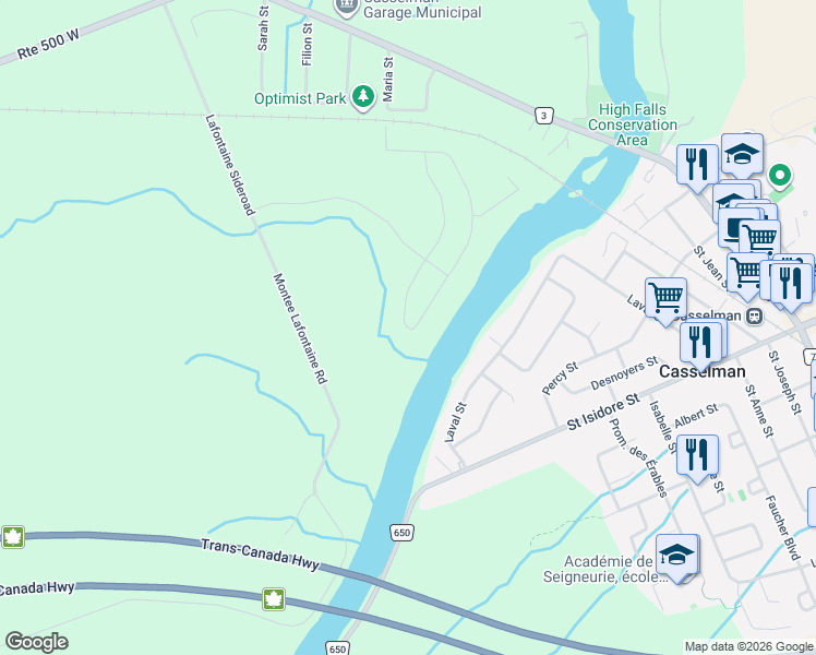 map of restaurants, bars, coffee shops, grocery stores, and more near 225 Nature Street in Casselman