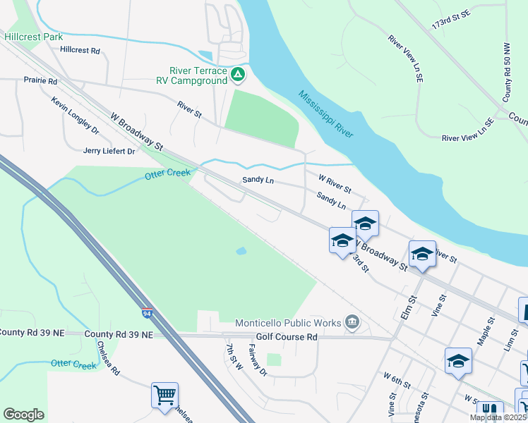 map of restaurants, bars, coffee shops, grocery stores, and more near 1213 Prairie Pine Court in Monticello