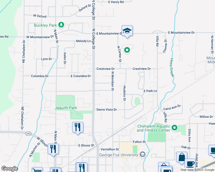 map of restaurants, bars, coffee shops, grocery stores, and more near 804 Aldercrest Drive in Newberg