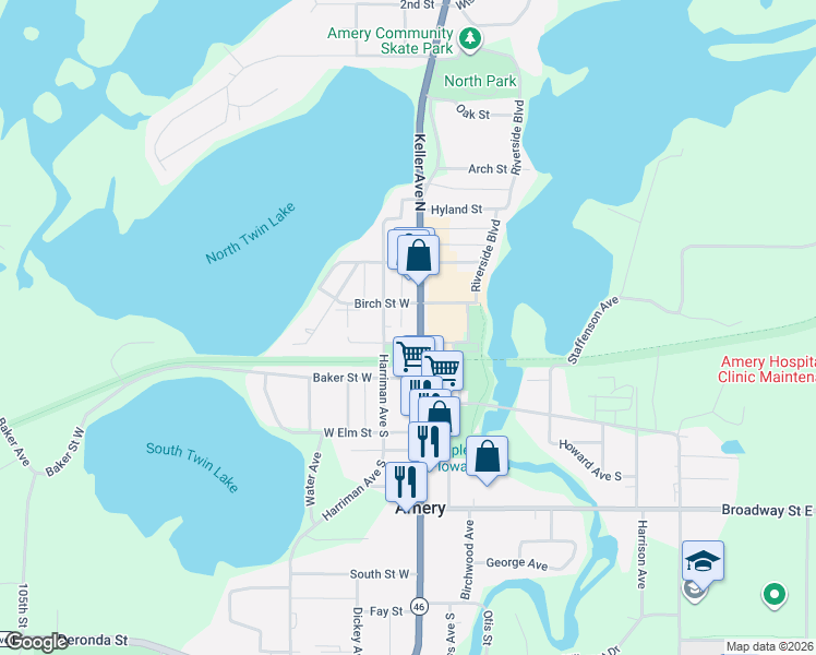map of restaurants, bars, coffee shops, grocery stores, and more near 115 Keller Avenue North in Amery