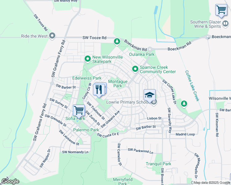 map of restaurants, bars, coffee shops, grocery stores, and more near 28840 Southwest Villebois Drive North in Wilsonville