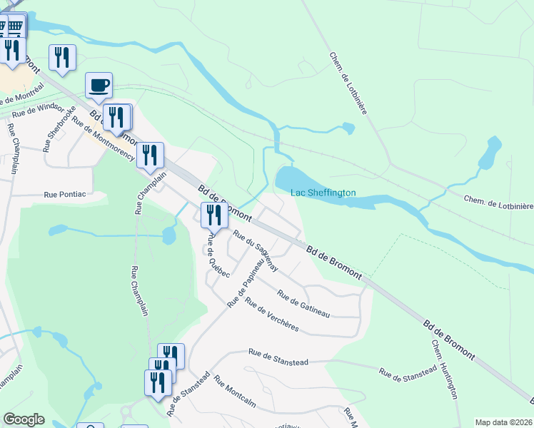 map of restaurants, bars, coffee shops, grocery stores, and more near 145 Rue de Joliette in Bromont