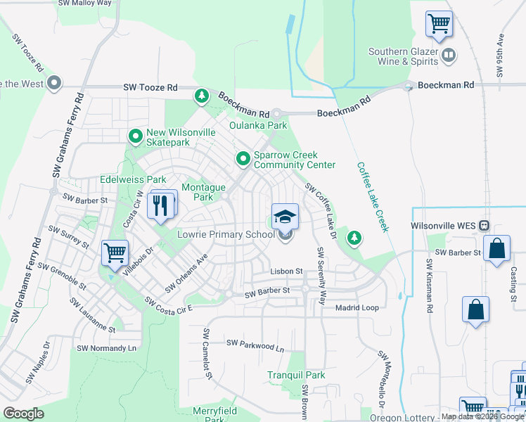 map of restaurants, bars, coffee shops, grocery stores, and more near 10820 Southwest Stockholm Drive in Wilsonville