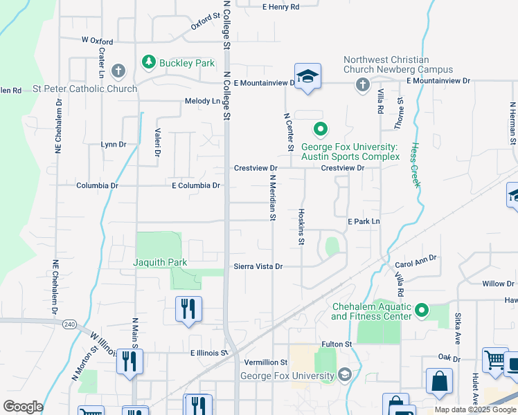 map of restaurants, bars, coffee shops, grocery stores, and more near 804 Aldercrest Drive in Newberg