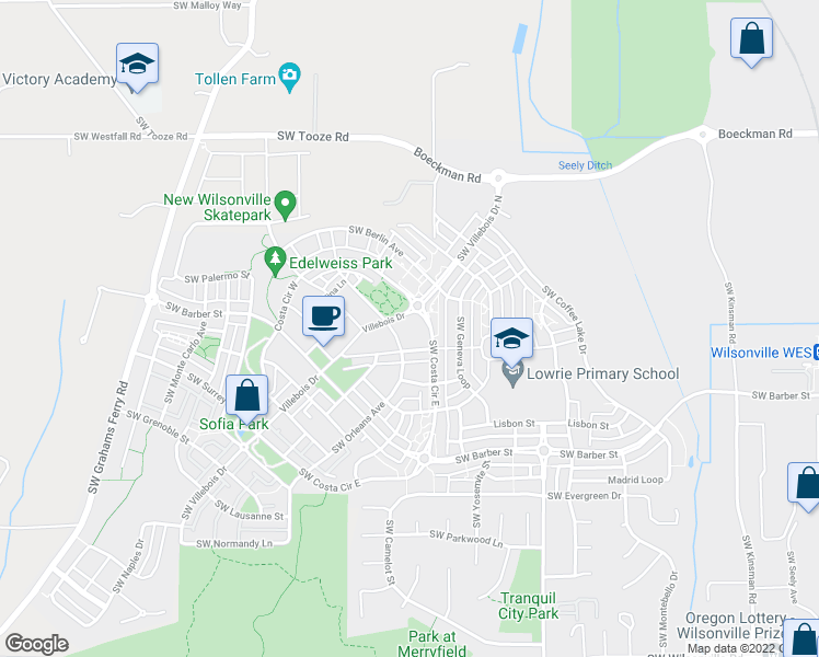 map of restaurants, bars, coffee shops, grocery stores, and more near 28814 Southwest Orleans Avenue in Wilsonville