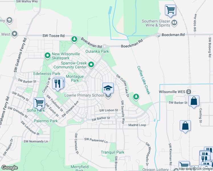 map of restaurants, bars, coffee shops, grocery stores, and more near 10829 Southwest Carinthia Circle in Wilsonville
