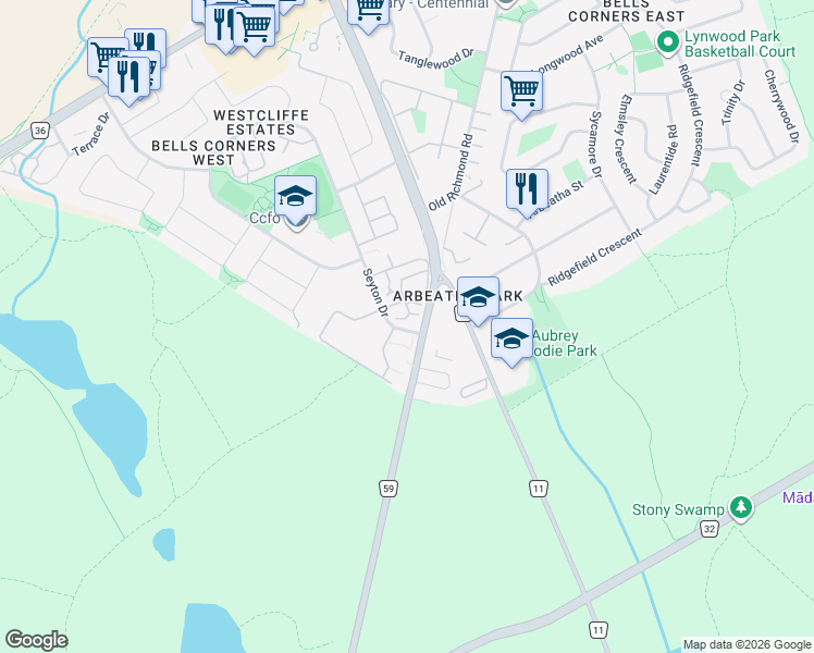 map of restaurants, bars, coffee shops, grocery stores, and more near 2a Seyton Drive in Ottawa