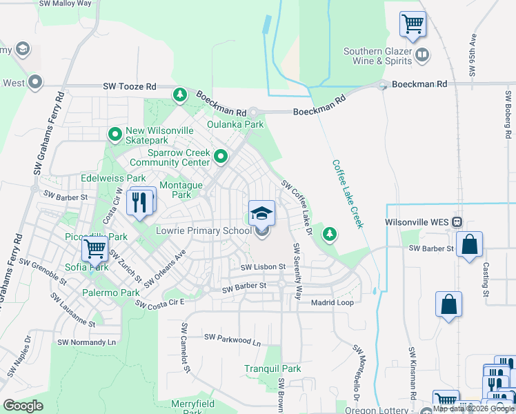 map of restaurants, bars, coffee shops, grocery stores, and more near 10829 Southwest Carinthia Circle in Wilsonville