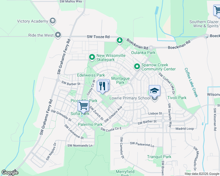 map of restaurants, bars, coffee shops, grocery stores, and more near 28750 Southwest Campanile Lane in Wilsonville