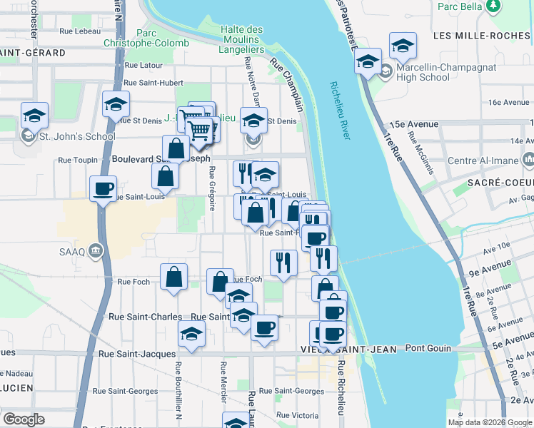 map of restaurants, bars, coffee shops, grocery stores, and more near 139 Rue Notre-Dame in Saint-Jean-sur-Richelieu