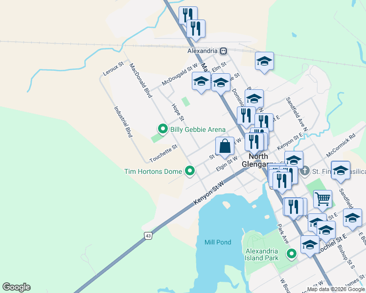 map of restaurants, bars, coffee shops, grocery stores, and more near 151 Macdonald Boulevard in Alexandria