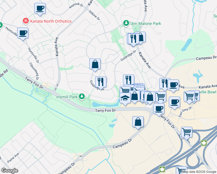 map of restaurants, bars, coffee shops, grocery stores, and more near 60 Goldridge Drive in Ottawa