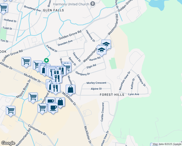 map of restaurants, bars, coffee shops, grocery stores, and more near Glengarry Drive in Saint John