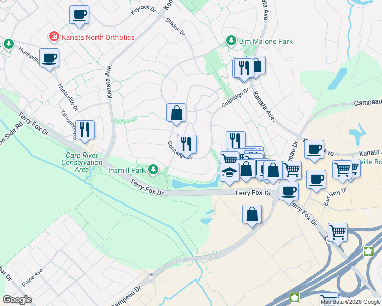 map of restaurants, bars, coffee shops, grocery stores, and more near 80 Goldridge Drive in Ottawa