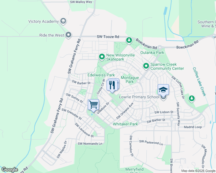 map of restaurants, bars, coffee shops, grocery stores, and more near 11742 Southwest Valencia Lane in Wilsonville