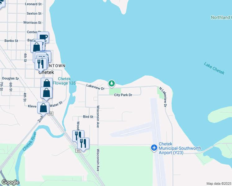map of restaurants, bars, coffee shops, grocery stores, and more near 319 Lakeview Drive in Chetek