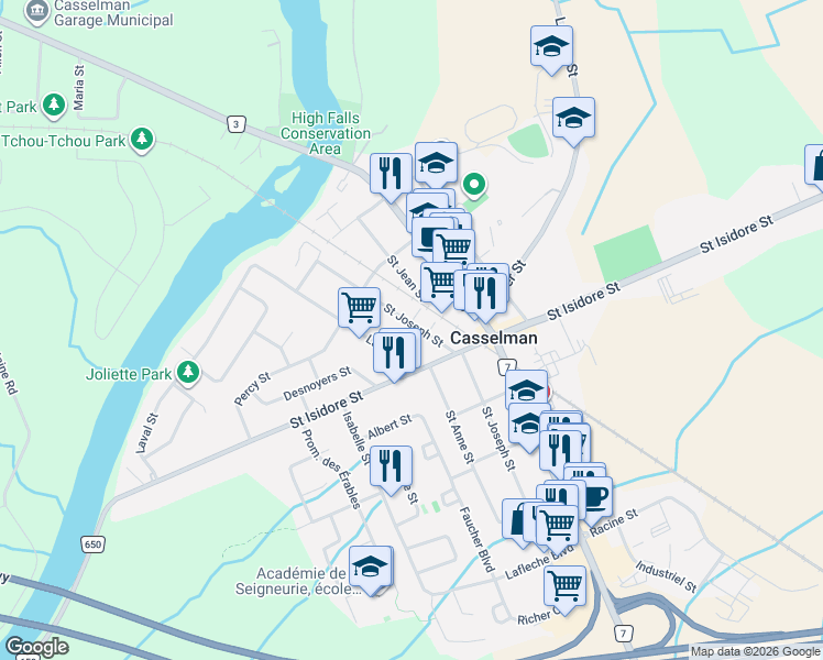map of restaurants, bars, coffee shops, grocery stores, and more near 693 Cartier Street in Casselman